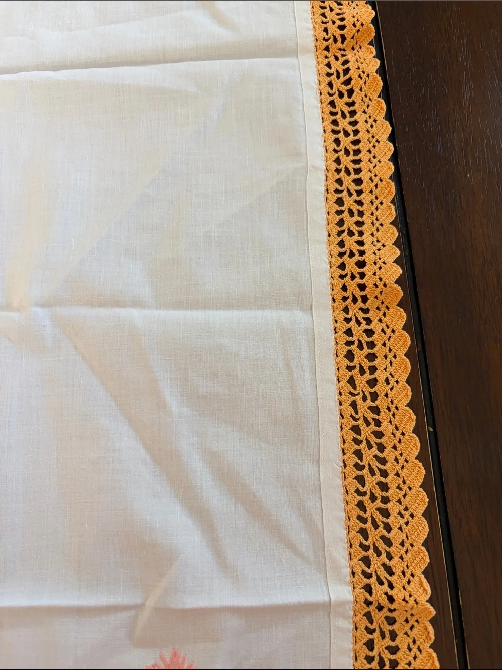 Vintage Hand-Embroidered Floral Table Runner with Orange Crochet Edge